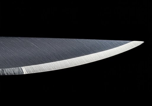 A macro shot capturing the precise, razor-thin edge of a polished steel blade, reflecting light and emphasizing extreme sharpness ,metal ,manufacturing ,edge