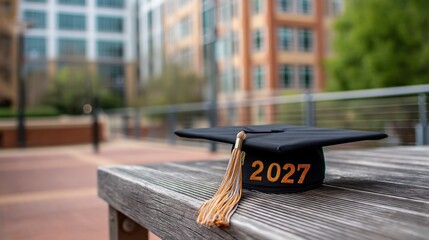 Graduation cap with 2027 year on wooden table in urban backdrop showcasing academic achievement and future aspirations