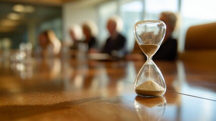 Clean, shallow depth of field shot of a clean, simple hourglass/clock (focused detail) resting on a polished boardroom table, with blurred people in the background, deadl