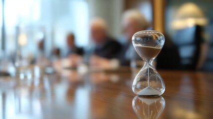 Clean, shallow depth of field shot of a clean, simple hourglass/clock (focused detail) resting on a polished boardroom table, with blurred people in the background, deadl