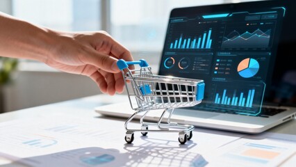 Hand holding shopping cart near laptop with data charts