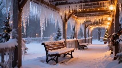 Snowy bench under icicles and lights