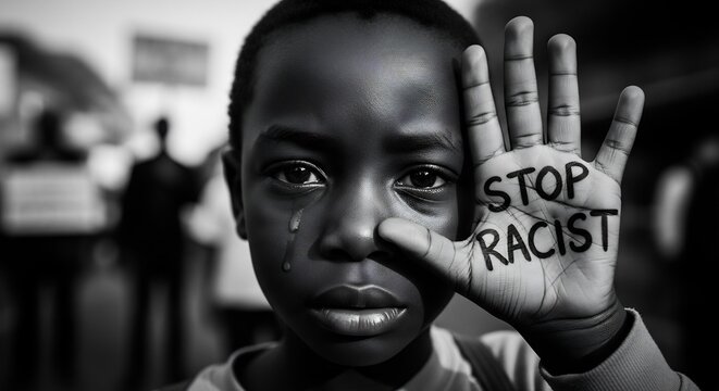 Distraught young boy with 'stop controversial' message on his hand