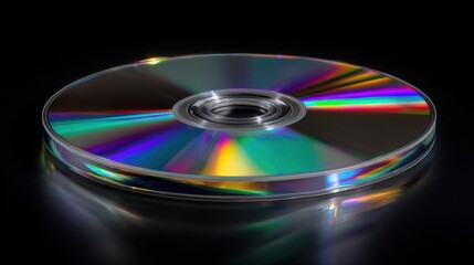 Reflective CD with Colorful Light Patterns on Black Background Captured in High Detail for Multimedia Use