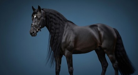 Naklejka premium Majestic black friesian horse with glossy dark coat and flowing mane