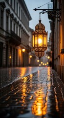 Ornate street lantern illuminates a wet cobblestone walkway during rainfall in an old town setting.