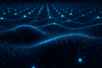 Naklejka premium Abstract blue digital wave landscape formed by glowing data points and smooth depth layers, designed as a wide web background for technology, AI, and data-driven concepts. 