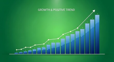 Bar chart illustrates consistent upward progression with a rising line graph against a deep green backdrop