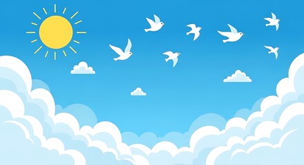 Birds Flying in Clear Blue Sky with Clouds.