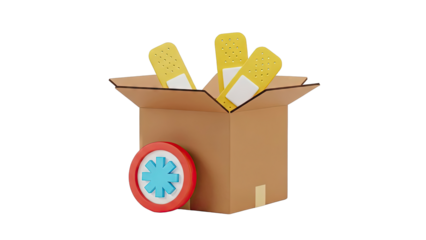 First Aid Supplies in Cardboard Box with Star of Life Icon
