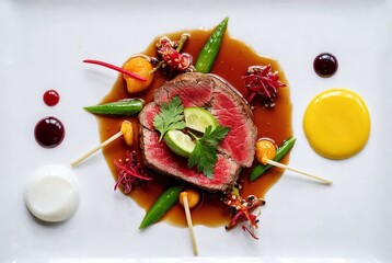 Gourmet Beef Steak with Colorful Ingredients and Meat Sauce: Fine Dining Culinary Art in Modern Cuisine Presentation Plate
