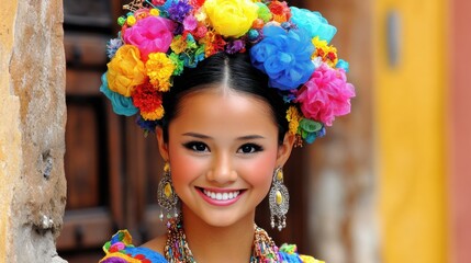 mexican woman dressed in colorful traditional clothing celebrating with friends at a festive cultural event for hispanic heritage month