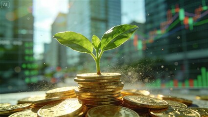 Green plant sprout growing through gold coins stack, sustainable investment and financial recovery concept