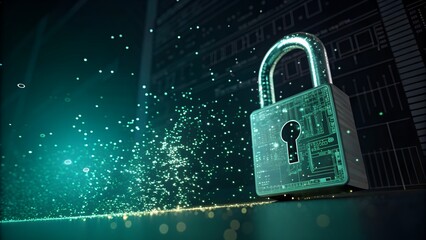 Cyber security concept with a glowing digital padlock icon over a dark binary data network for online privacy and safety protection. AI generated