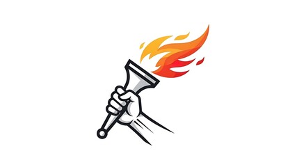 Stylized illustration depicts a strong hand grasping the base of a blazing torch against a white background