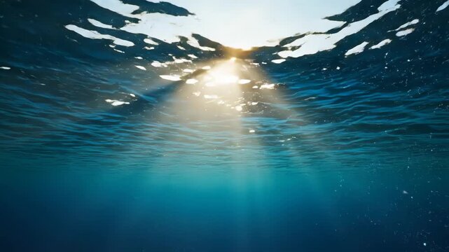 Underwater view with sun rays penetrating through wavy ocean surface