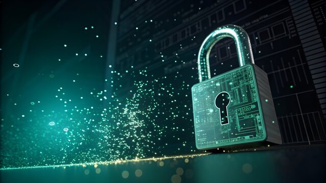 Cyber security concept with a glowing digital padlock icon over a dark binary data network for online privacy and safety protection. AI generated - Powered by Adobe