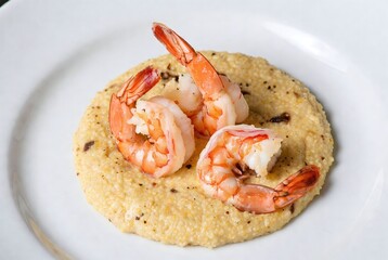 Gourmet Shrimp and Grits: A Delicious Southern Comfort Food Dish with Creamy Cornmeal and Fresh Herbs at an Elegant Fine Dining Restaurant 