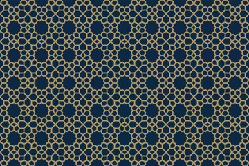 Seamless Luxury Gold Line Art Geometric Pattern. Elegant Arabic and Islamic Ornament on Dark Blue Background