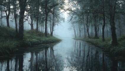 Obraz premium Misty forest waterway reflecting a serene morning