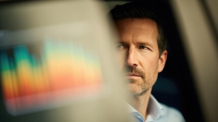 professional engineer inspecting digital graphs displayed on a transparent screen while sitting inside a modern vehicle