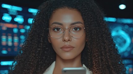 a creative professional with curly hair and glasses engrossed in using a smartphone amidst a modern workspace filled with digital displays and cuttingedge gadgets