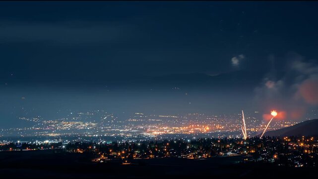 Spectacular fireworks explode over a sprawling city skyline at night, illuminating the dark sky