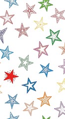 Assorted colorful hand drawn five pointed celestial bodies repeat across a white background