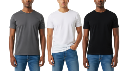 Three diverse young adult men, casual t-shirts & jeans, standing on white studio background, copy space, soft lighting. Concept for men's apparel advertising
