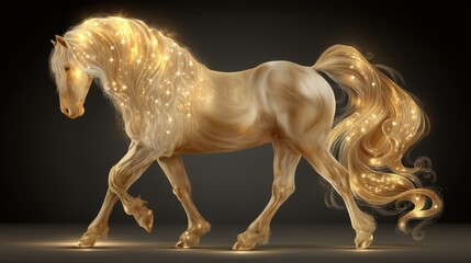 Fototapeta premium Majestic golden horse with flowing mane adorned with luminous sparkles in a captivating fantasy style