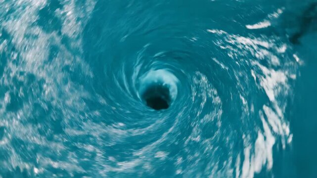 A swirling vortex of blue water with white foam and bubbles forming a whirlpool