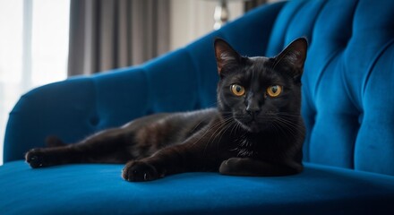 Sleek black cat lounging on vibrant blue velvet sofa with bright yellow eyes