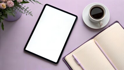 Overhead flat lay of a blank tablet screen on a purple background with coffee and a notebook for modern remote work lifestyle. AI generated