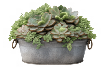 Succulents composition in a rustic metal planter, a green houseplant arrangement for garden and home decor on transparent background