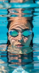 Young swimmer surfaces from clear water wearing reflective goggles at the water line
