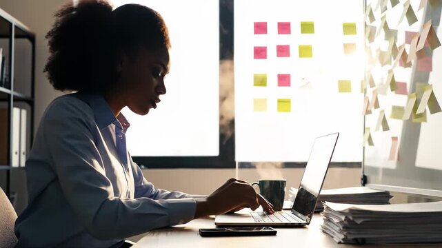 Focused young african american businesswoman working on laptop at desk with bright sunlight and sticky notes on whiteboard in background