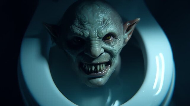 Creepy goblin creature emerging from toilet with sharp teeth