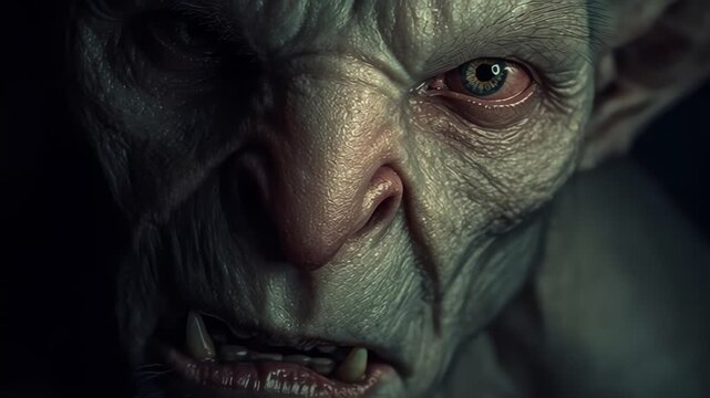 Close-up of terrifying wrinkled demon face with sharp fangs