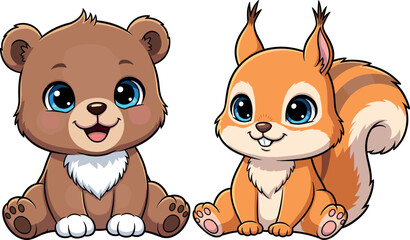 Cute Cartoon Baby Bear Cub and Squirrel Character Duo, Happy Woodland Forest Animal Mascot Vector Illustration Set. © Tofajjol
