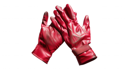 Brightly rendered pair of shiny red protective chemical resistant gloves held together in a clapped gesture on transparent background