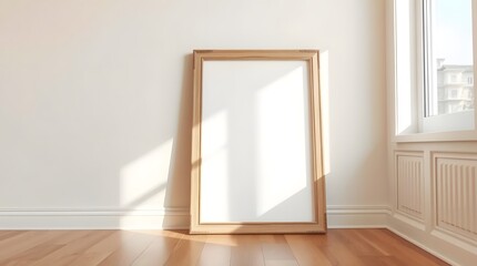 empty wooden picture frame leaning on wall with sunlight and shadow indoors