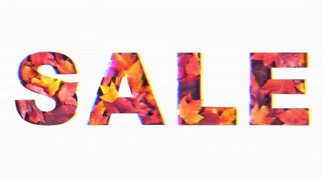 Autumn sale pixelated glitched text with texture of orange yellow autumn fall leaves isolated on white background. Retro futuristic fall retro Glitch TV Static pixel Noise banner animation 