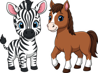 Cute Cartoon Baby Zebra and Horse Pony Characters Standing Together, Happy Animal Friends Mascot Vector Illustration for Kids.