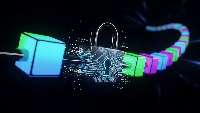 Glowing neon circuit board lock with colorful blocks