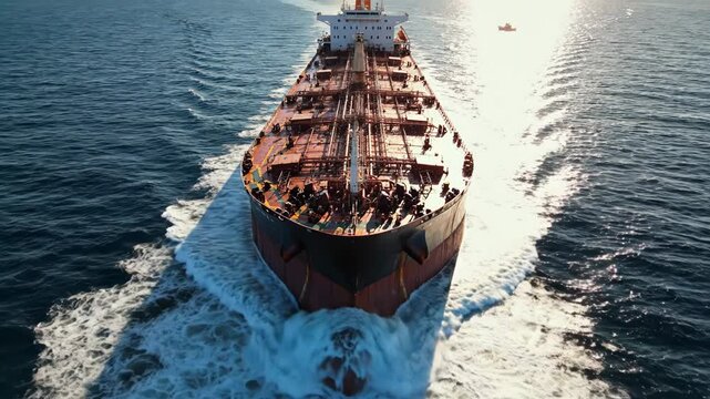 Aerial view of a large cargo ship sailing through the ocean with waves and water trails