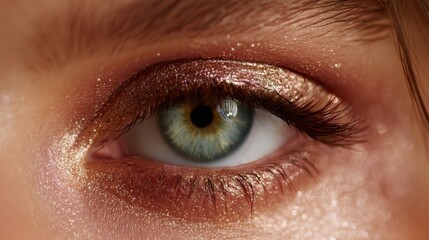 Fototapeta premium Close-Up of Beautiful Eye with Stunning Makeup and Glitter, Capturing Intricate Details and Vibrant Colors