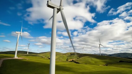Wind Turbines Spinning on Green Hills Under Blue Sky - AI Generated