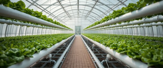 Hydroponic greenhouse with lush green plants growing in rows