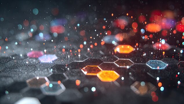 Abstract futuristic hexagonal grid with vibrant glowing particles - Powered by Adobe