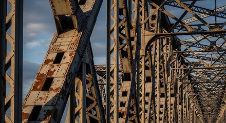 Rusty metal bridge structure with intricate rivets and latticework under blue sky